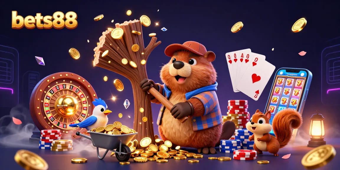 Bets88 delivers thrilling experiences with a 3D scene of a beaver collecting golden coins and casino elements.