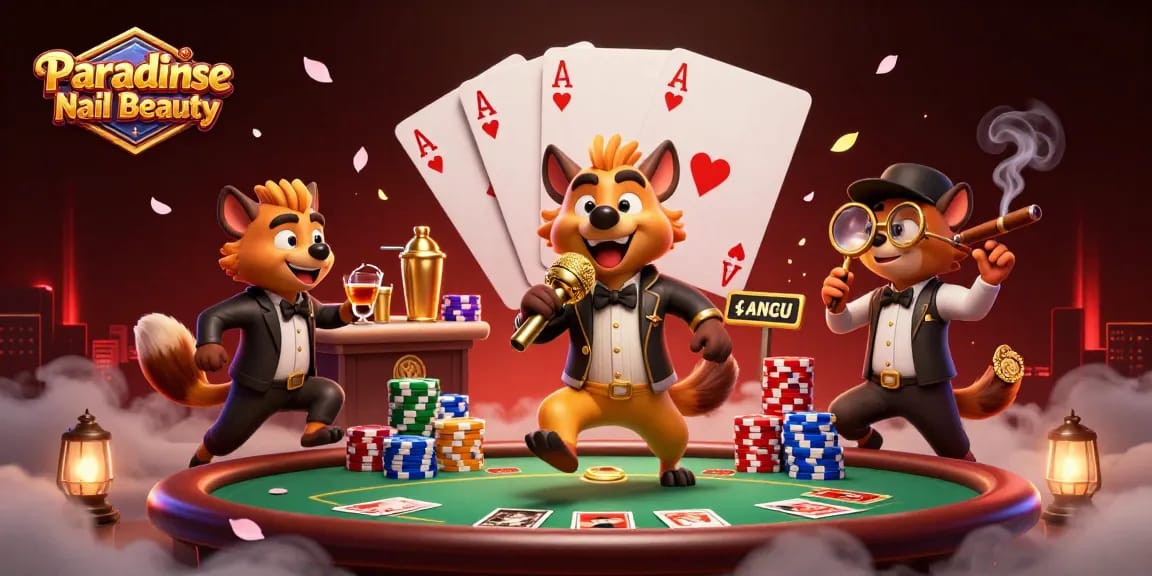 Engage with Paradise Nail Beauty's vibrant casino atmosphere featuring unique hyena characters in action.
