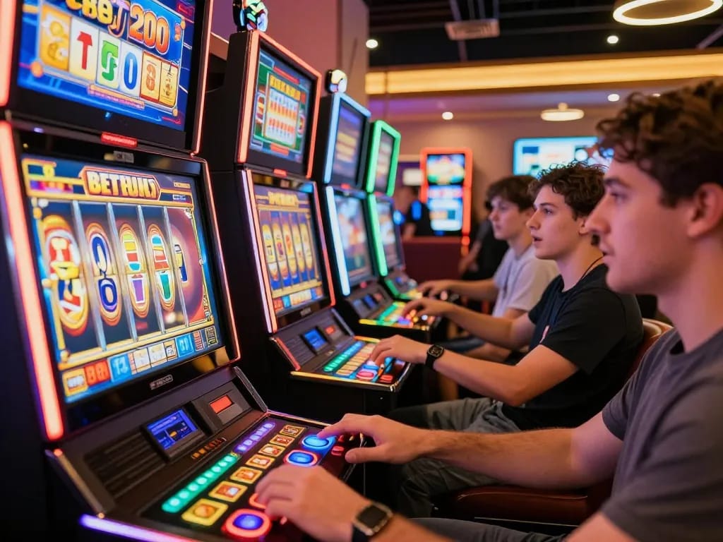 Players enjoying slot bet 200 at colorful online casino machines, engaging and thrilling experience.
