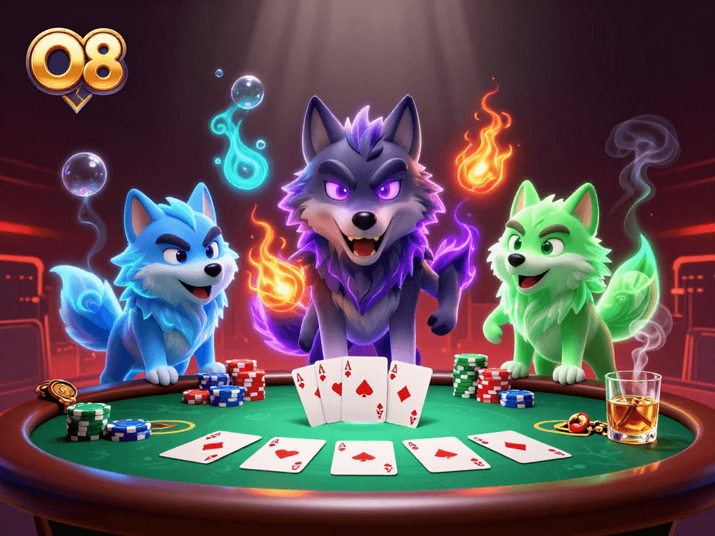 Experience thrilling poker action at O8 with ghostly wolves, poker chips, and vibrant casino elements.