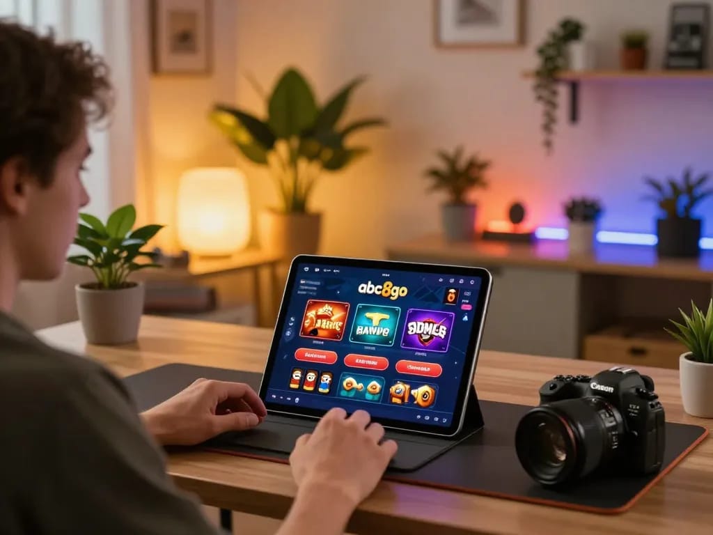 Player enjoying game on abc8go app, showcasing tablet gaming experience in cozy home setting.