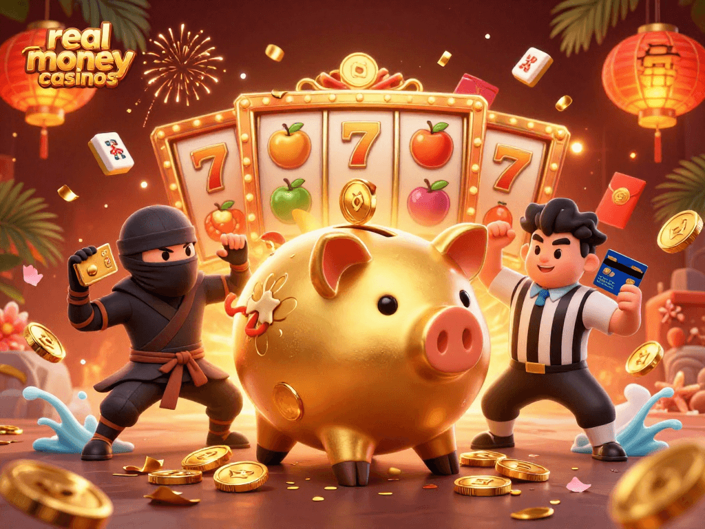 Engage with real money casinos featuring vibrant characters and dynamic gaming elements in an exciting scene.
