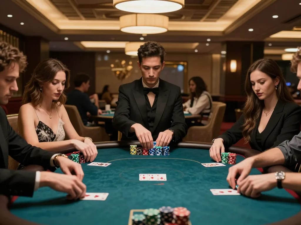 Fortleemedspa players engaged in serious poker game at upscale casino with warm lighting