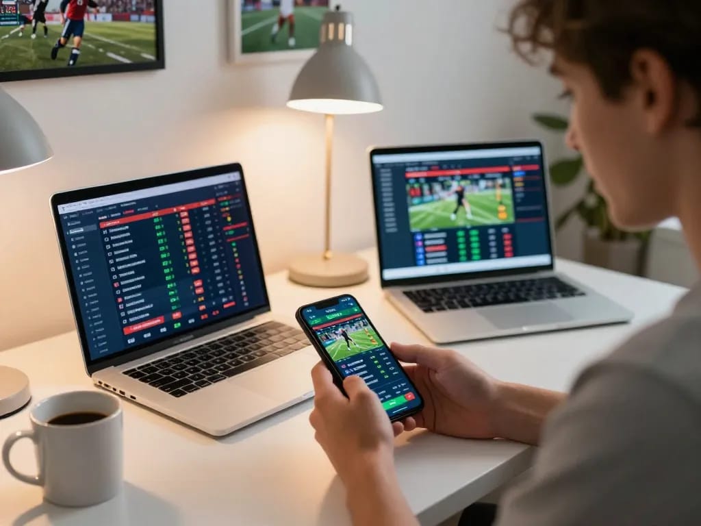 F168 user engaging with sports betting app on smartphone, showcasing a dynamic online gambling experience.