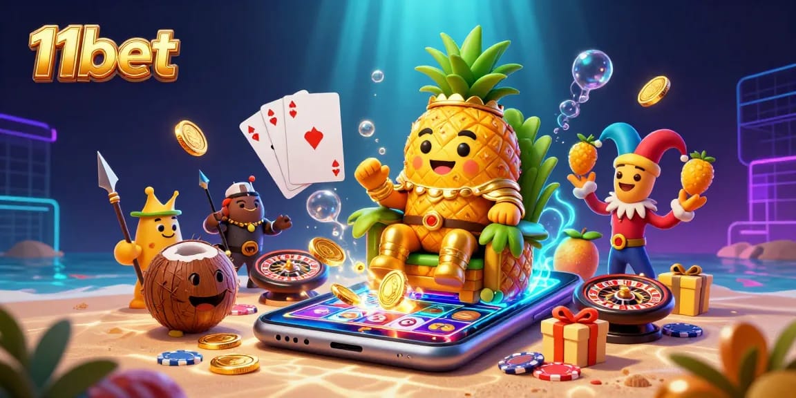 Experience the excitement of 11bet casino with dynamic characters and vibrant games surrounding the golden pineapple king.