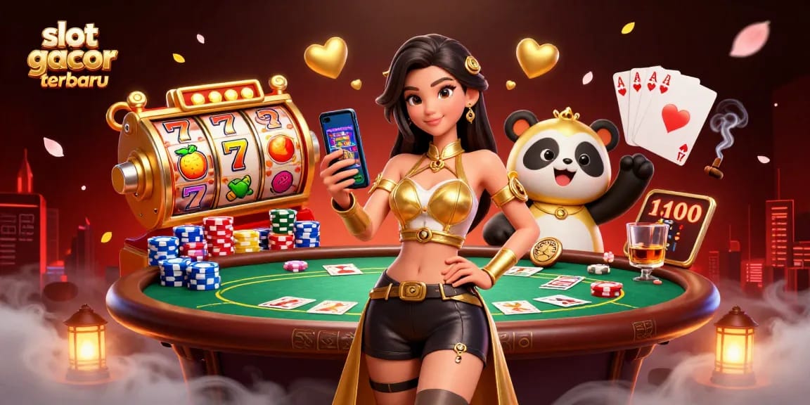 Engaging illustration featuring slot gacor terbaru with a woman gaming and a playful panda, rich in casino elements.
