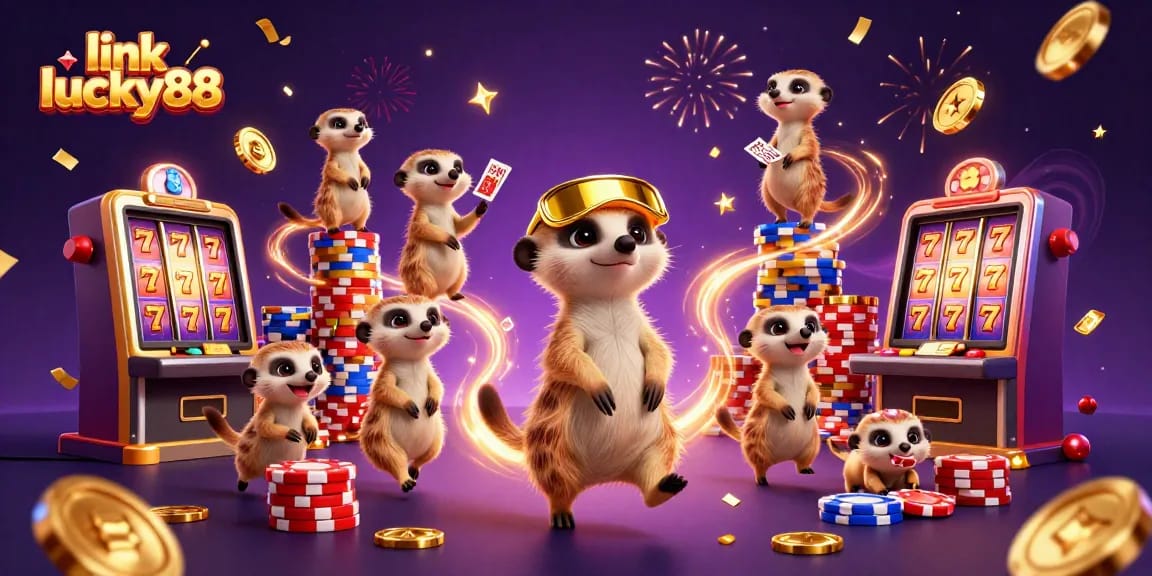 Experience excitement with link lucky88 in a vibrant casino scene featuring playful meerkats.
