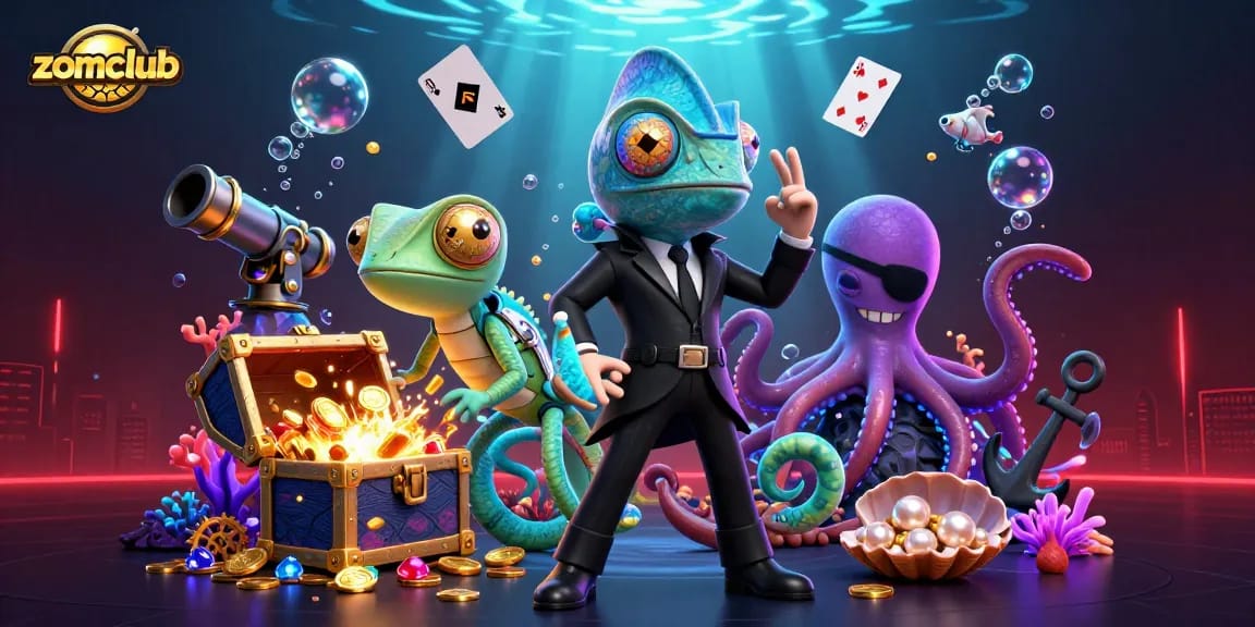 Zomclub offers thrilling casino games with vibrant cards and dynamic chameleon characters in action.