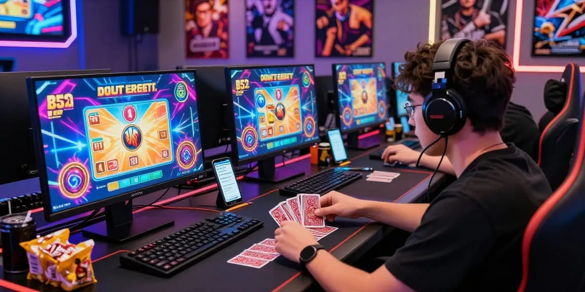 Engaged gamer playing B52 online casino with multiple screens and vibrant atmosphere