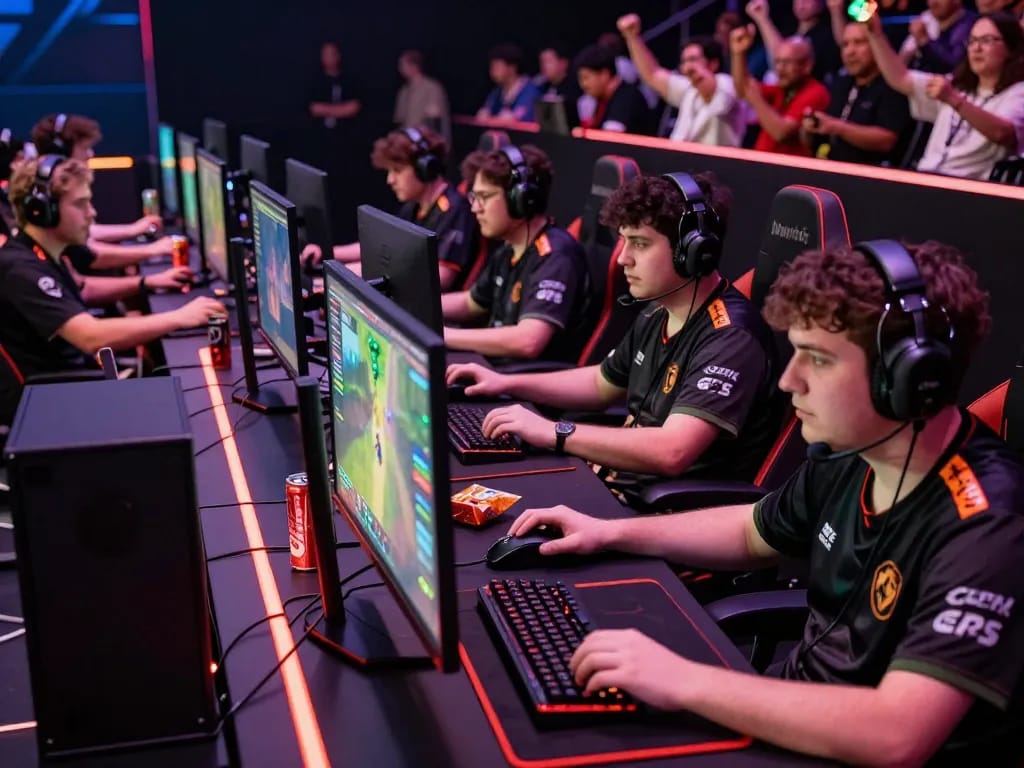 Exciting esports tournament featuring gamers focused on www.mantra88.com for intense competition.