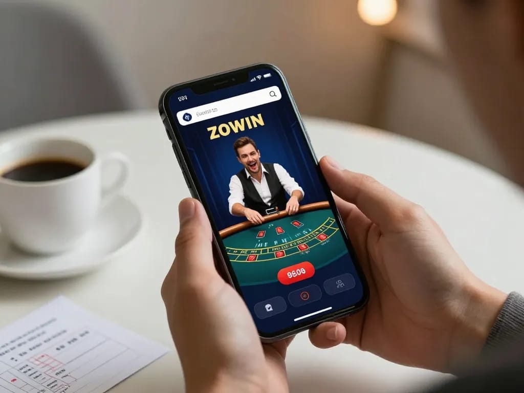 ZOWIN player enjoying blackjack on smartphone, demonstrating strategic engagement in online gambling.