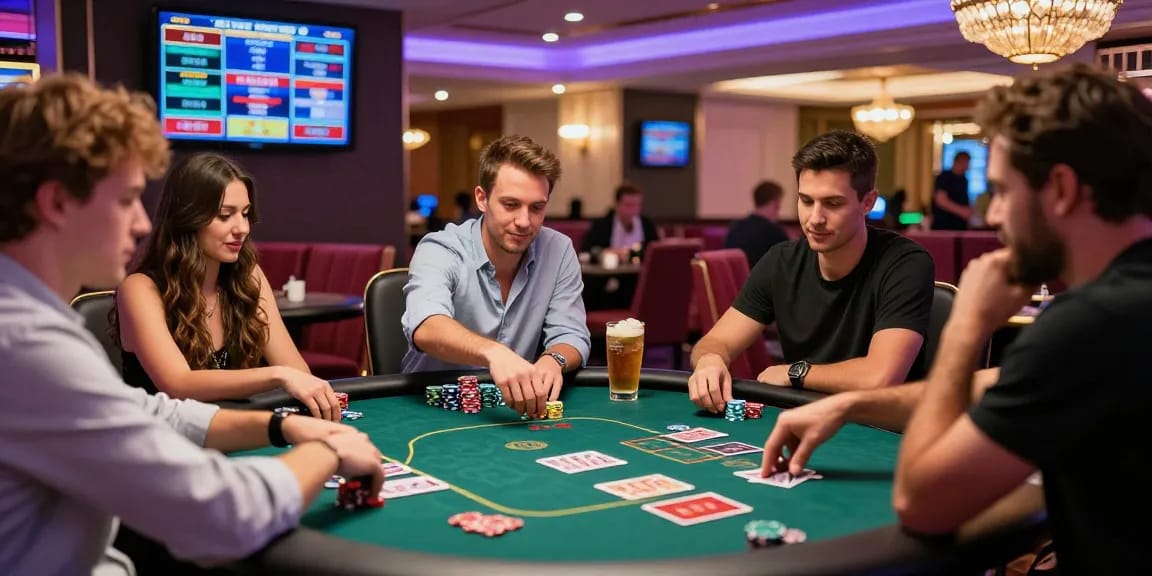Lemacau Login scene with players enjoying poker at a luxurious casino table, vibrant atmosphere and excitement.