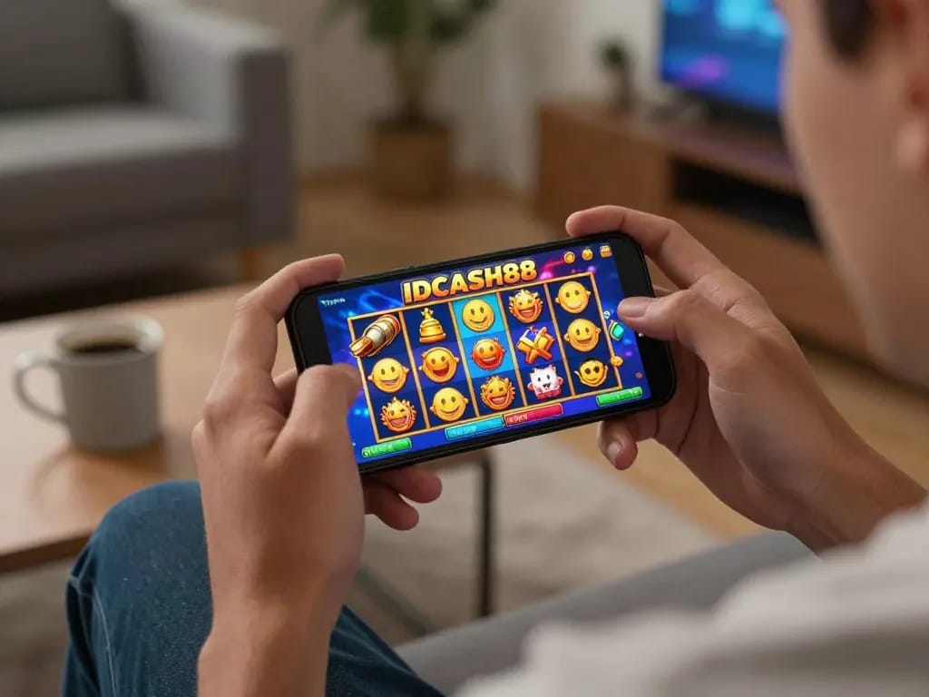 Experience thrilling IDCASH88 Slot gameplay on a smartphone in a cozy home setting.