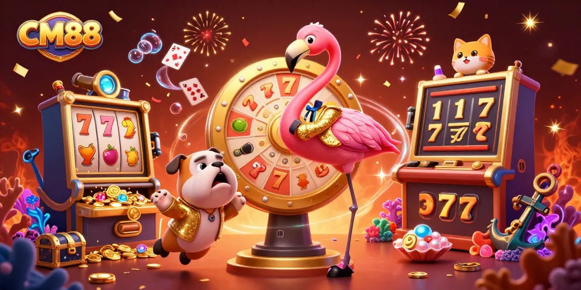 Unveiling slot excitement at CM88 with a golden prize wheel, vibrant scenes, and dynamic characters.