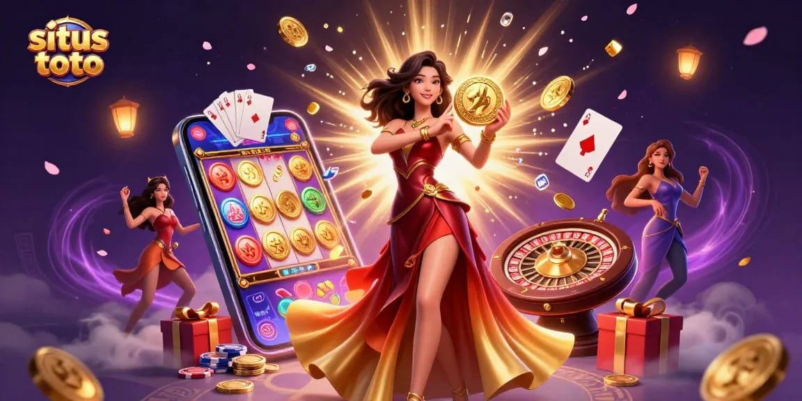 Situs Toto showcases a magical casino scene with a stunning woman holding a golden coin amidst a flurry of coins and gaming elements.