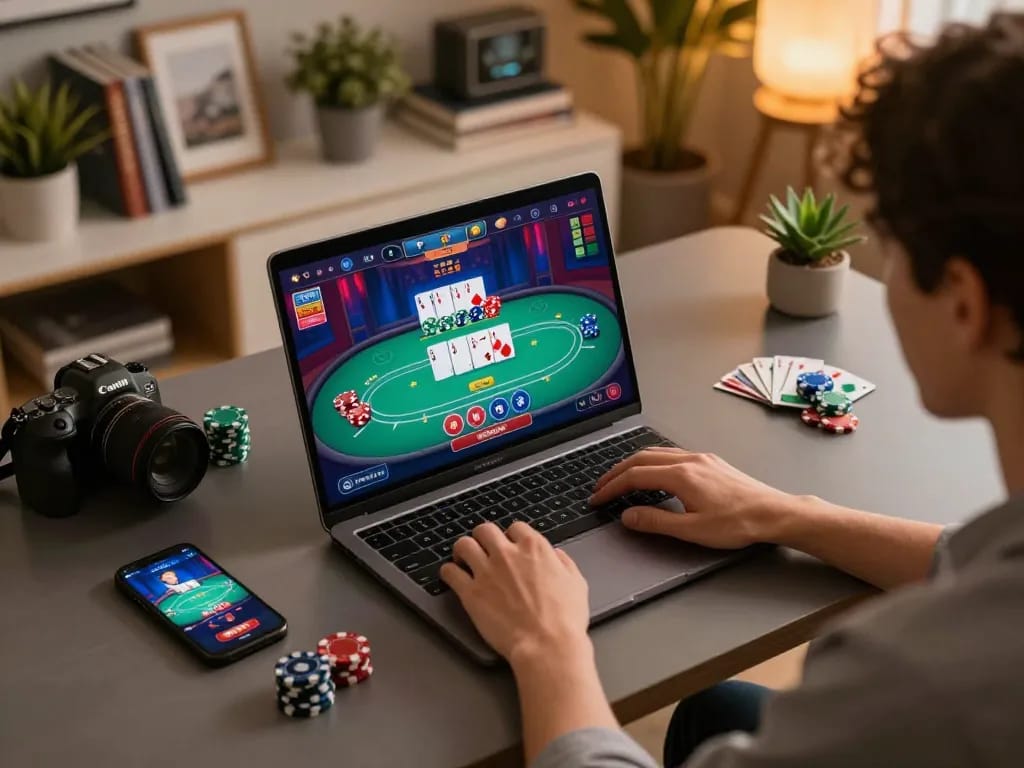 Engaging in poker gameplay online at home, prisonersofthecrown offers real-time strategy and interaction.