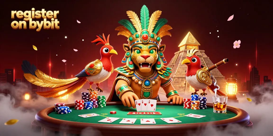 Engage to register on bybit featuring dynamic casino elements like poker chips and animated characters.