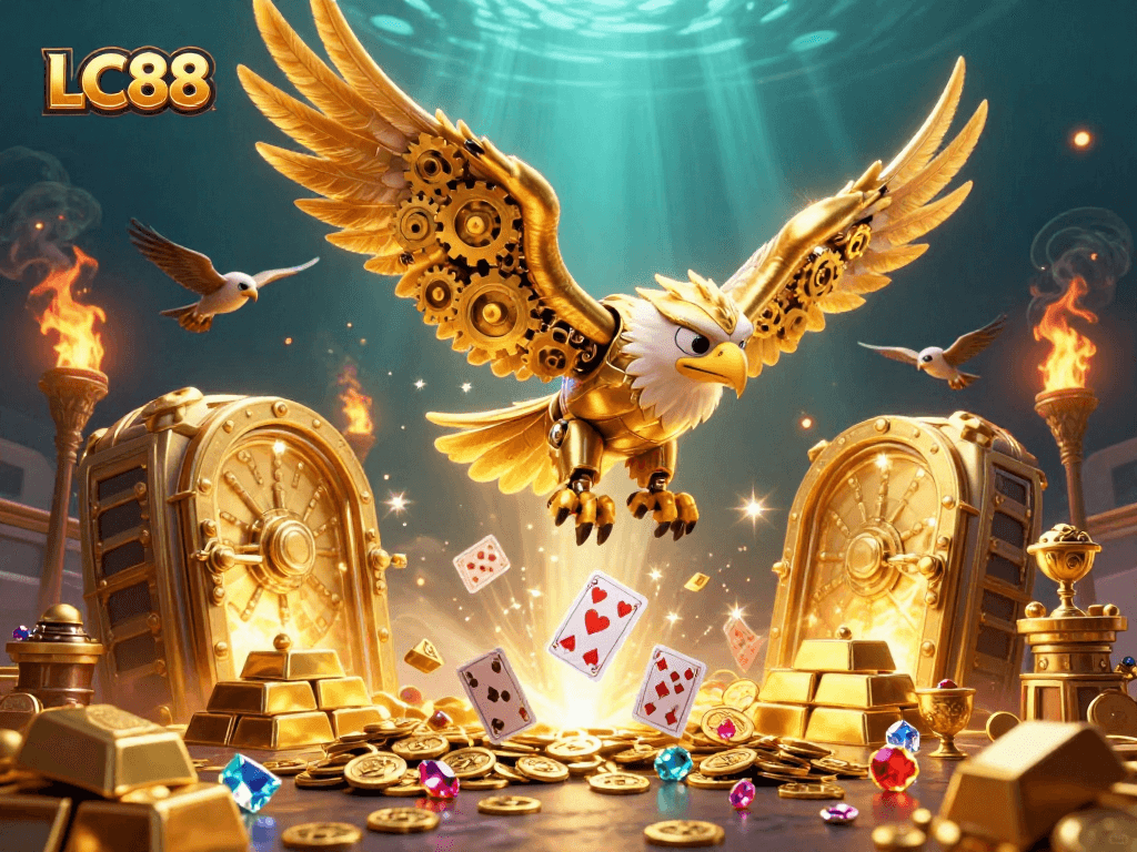 Experience thrilling gaming at LC88 with an energetic 3D illustration of a golden eagle amidst casino treasures.