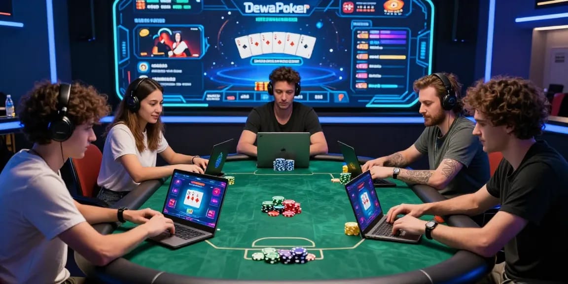 Situs Poker Uang Asli Dewapoker players enjoying an exciting online game in a vibrant digital setting, showcasing dynamic graphics and community engagement.