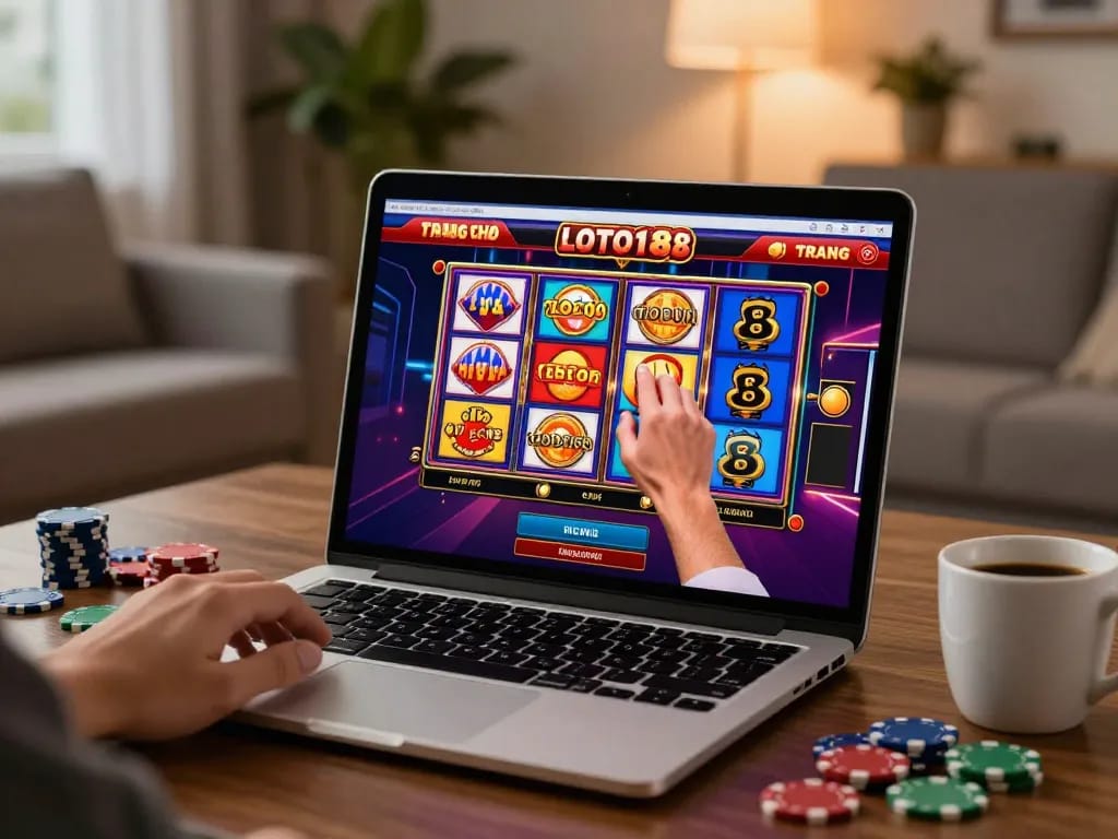Experience LOTO188 TRANG CHỦ with engaging online gameplay on a laptop surrounded by cozy home elements.