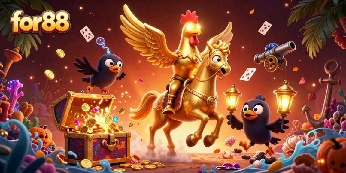 Spin to win with for88 in an exciting 3D casino adventure filled with golden treasures and vibrant game elements.