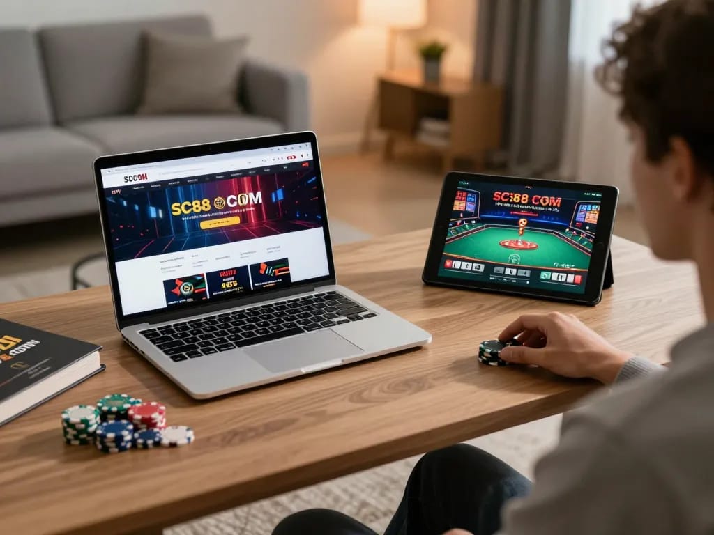 Player engaging with SC88 COM online casino through a sleek laptop in a modern home setting.