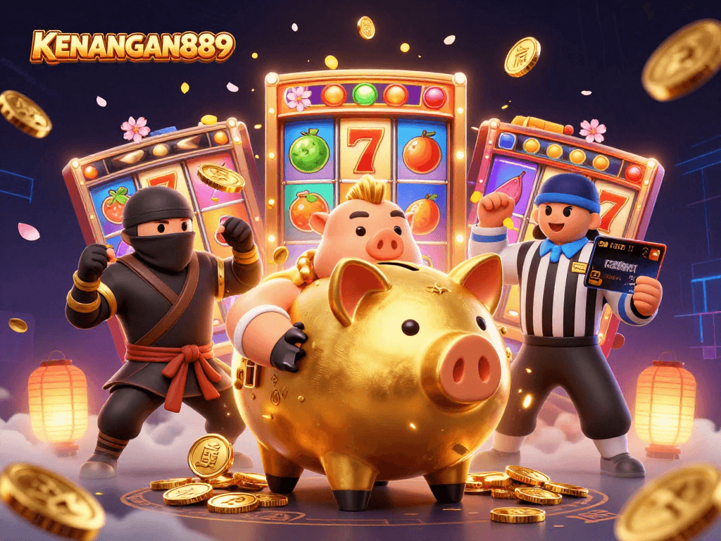 KENANGAN889 showcases a golden piggy bank sumo wrestler in a vibrant, dynamic casino setting.