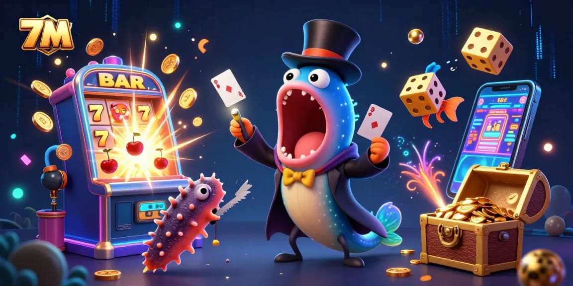 Engage with 7M’s thrilling casino scene featuring vibrant characters and a jackpot explosion of excitement.