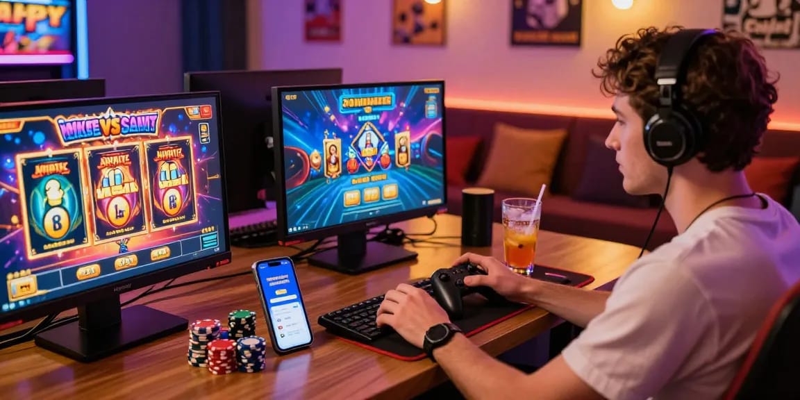 Link Slot Gacor Kartupoker player immersed in vibrant online gaming atmosphere with multiple slot screens.