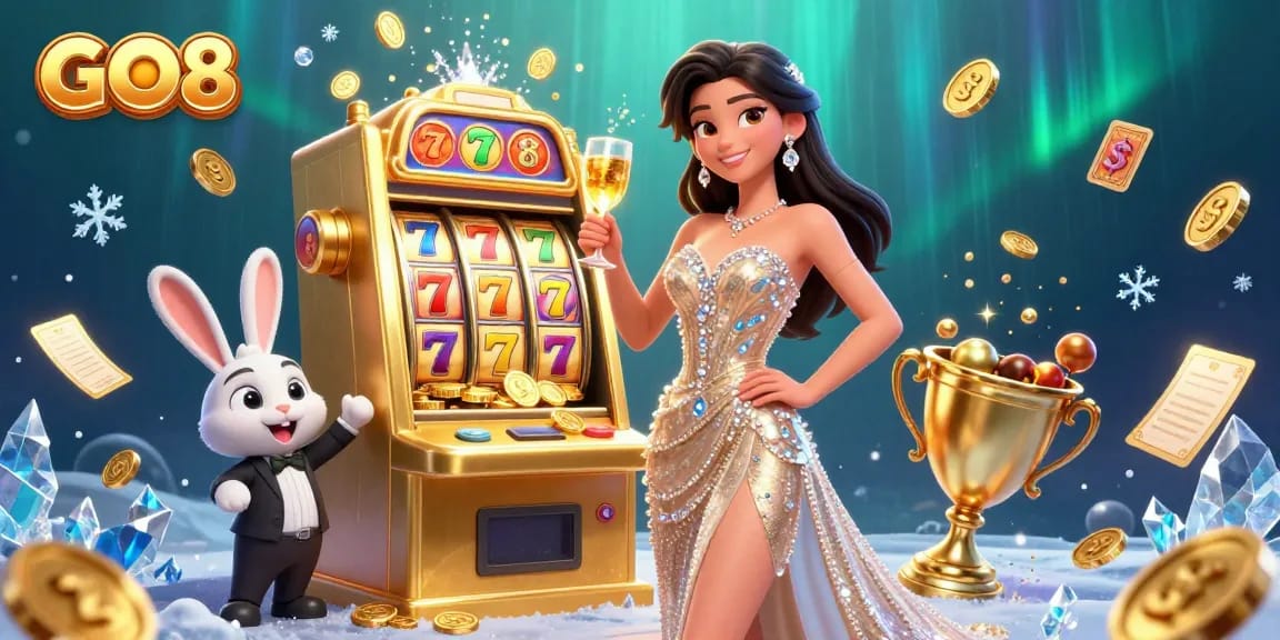 Experience the excitement at GO8 with stunning visuals of a jackpot celebration, dynamic gameplay, and rich casino atmosphere.