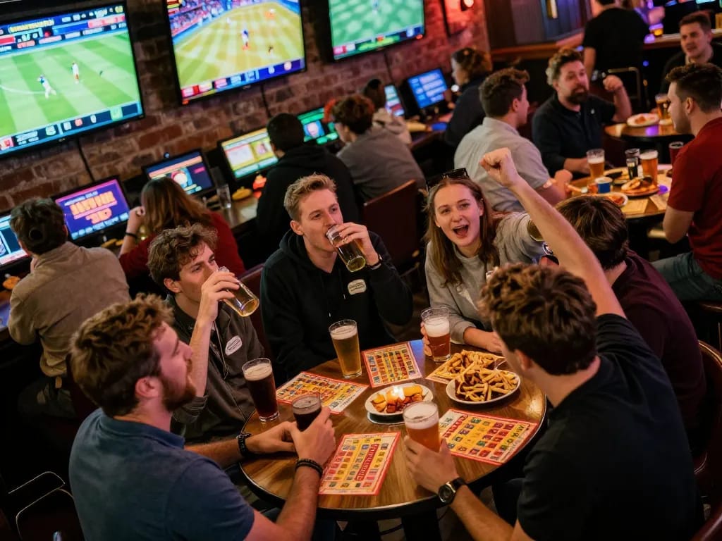 Cheering group at sports betting pub enjoying live games while using emailcopyguru strategies for optimal betting