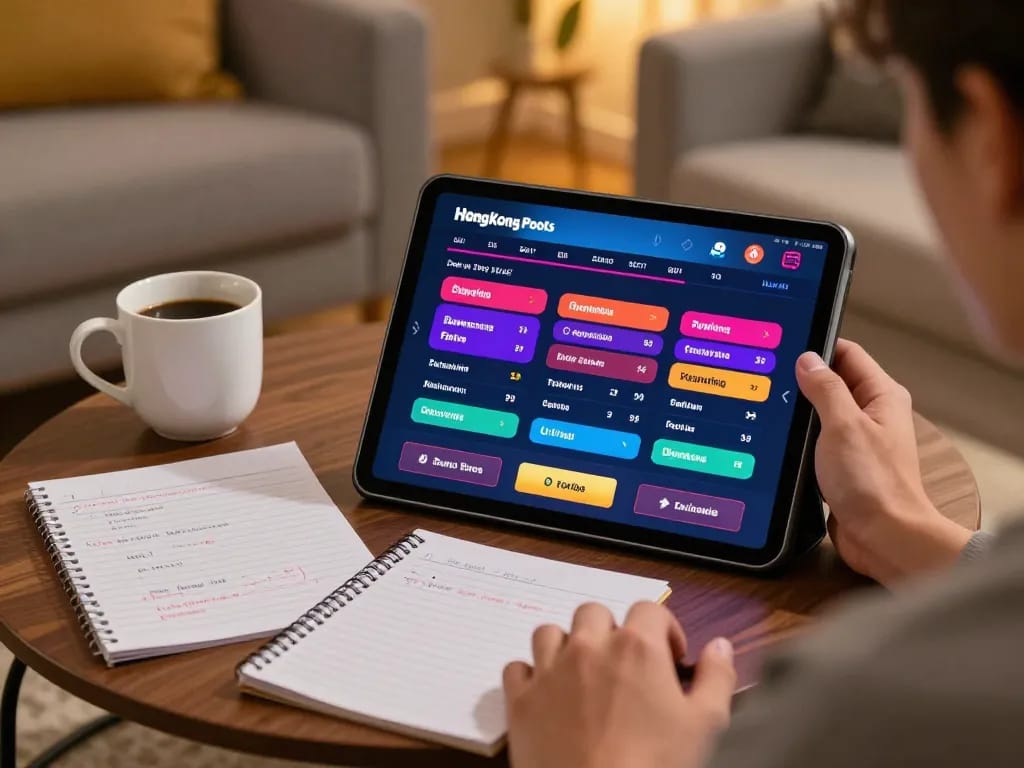 Play Hongkong Pools online from a cozy living room, showcasing strategic betting notes and a tablet interface.