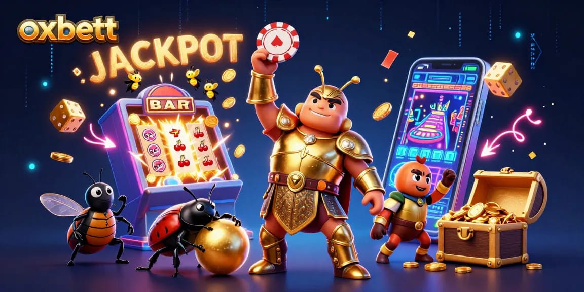 Play and win big with oxbett in this vibrant 3D casino scene showcasing exciting gaming elements.