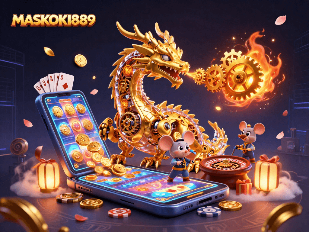 Experience the thrill of MASKOKI889 as a golden dragon unleashes gears among vibrant casino elements.