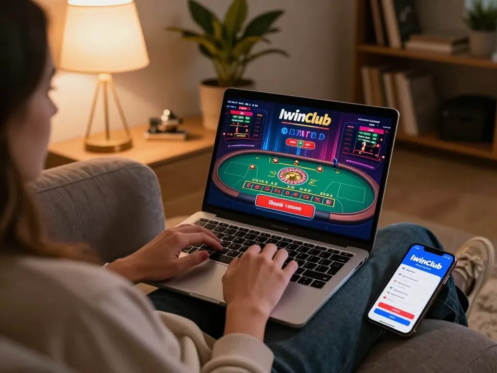 Iwinclub player engaging with live dealer games on a laptop in a cozy home setting