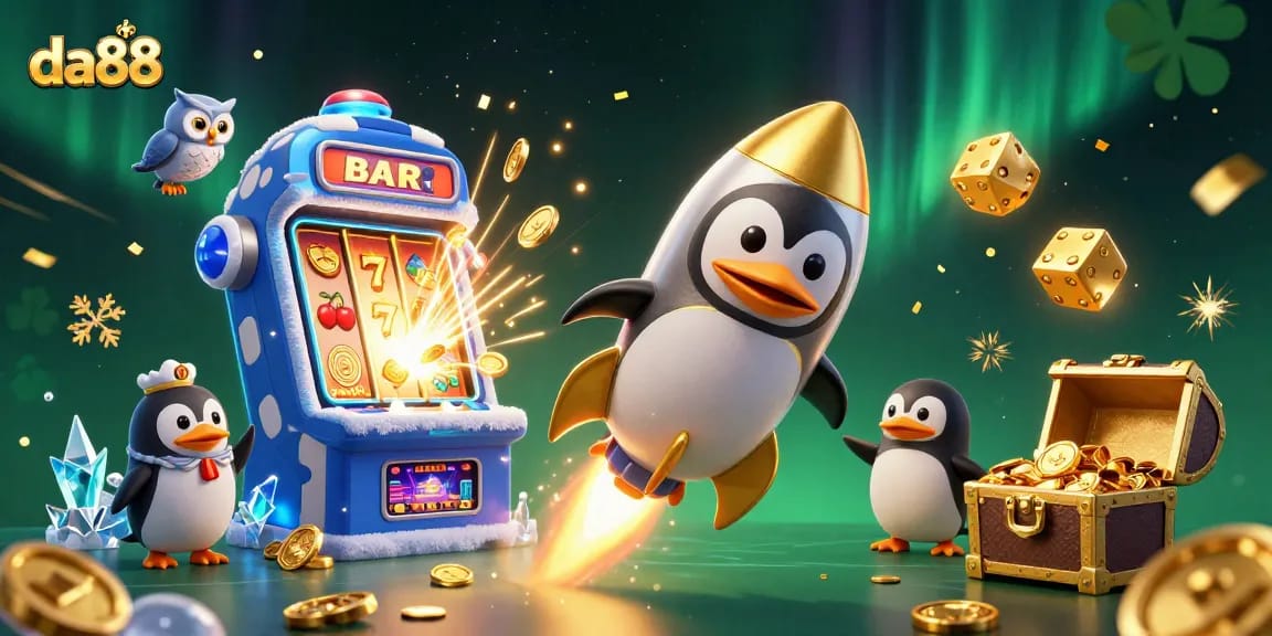 Experience excitement at da88 with a vibrant 3D casino scene featuring a golden penguin and jackpots.