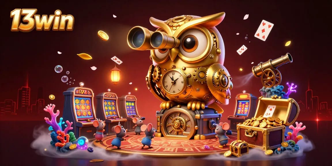 13win showcases vibrant casino life with an enchanting golden owl scanning for big wins amid colorful gaming elements.