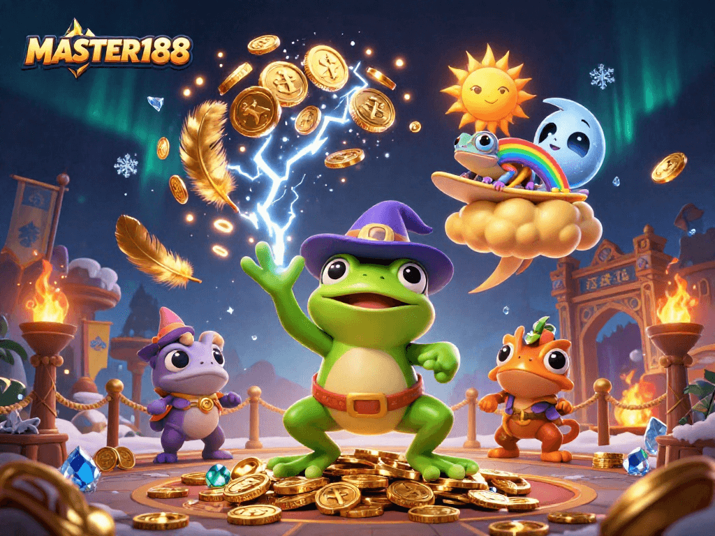 Engage with MASTER188's exciting gaming atmosphere featuring a wizard frog and colorful chameleon amidst golden coins.