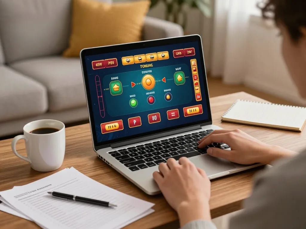 Engaged player on GG88 app on laptop, showcasing responsible online gambling.
