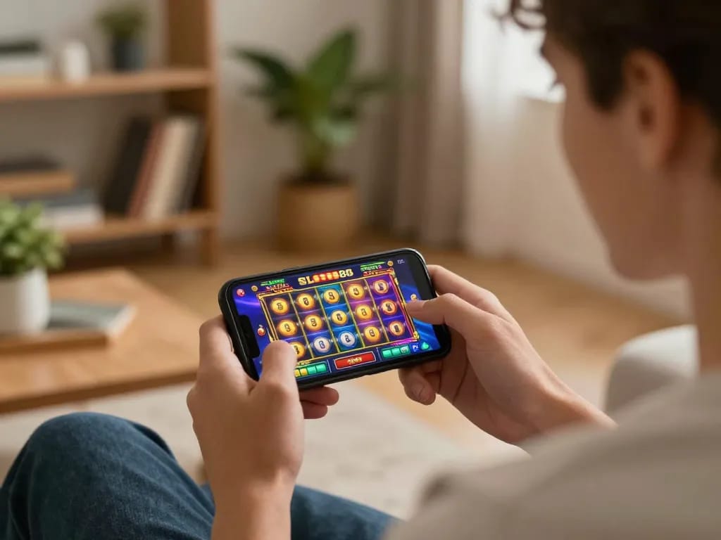 Player engaging with Slot88 on smartphone while enjoying a cozy home atmosphere.