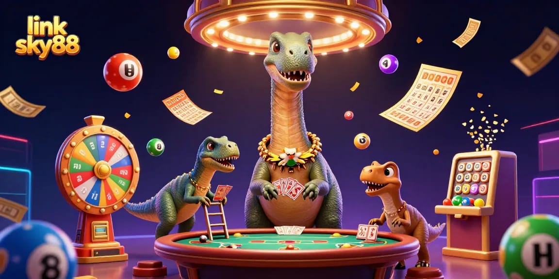 Engage with link sky88 in this vivid 3D casino scene featuring dynamic lottery elements and playful dinosaurs.