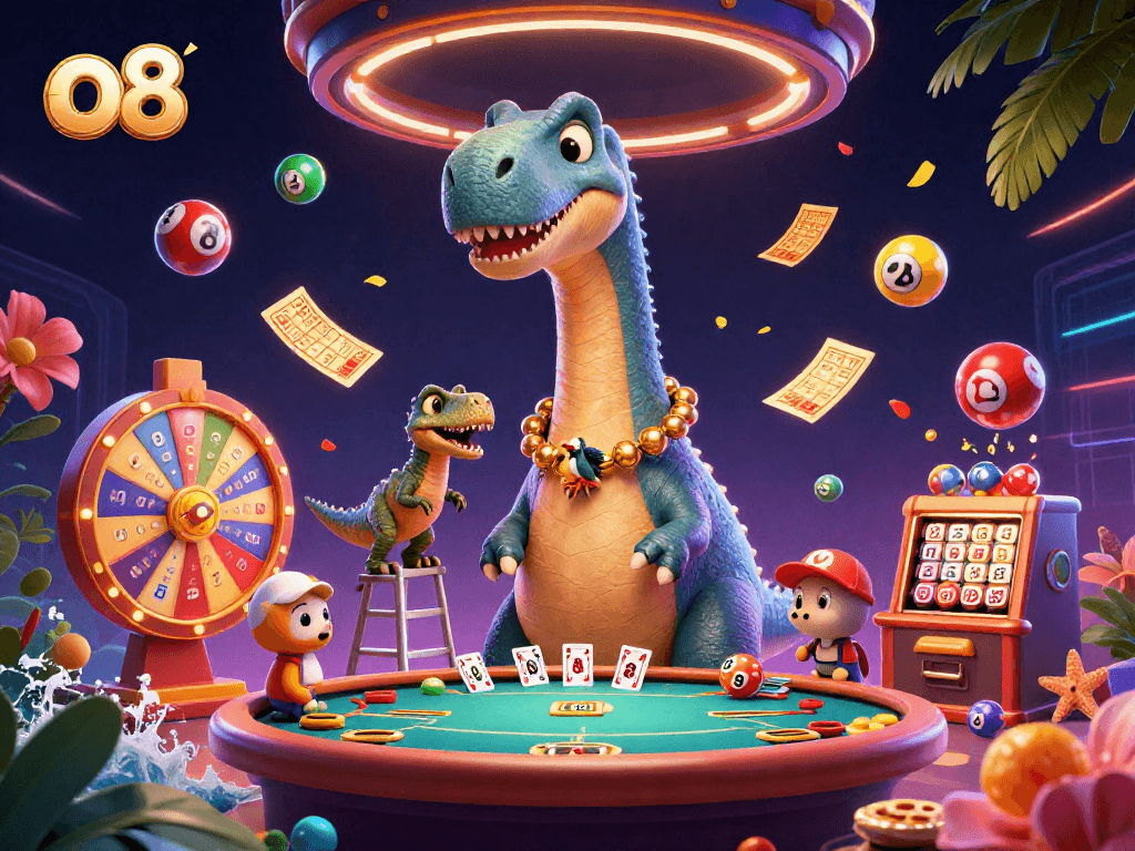 Experience the thrilling world of o8 with a vibrant casino scene featuring a playful brontosaurus and clever raptor.
