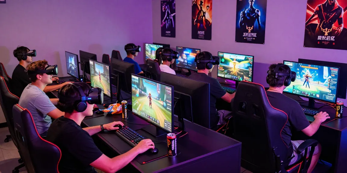 Men engaging in competitive gaming at Manclub, vibrant gaming lounge with consoles and VR headsets.