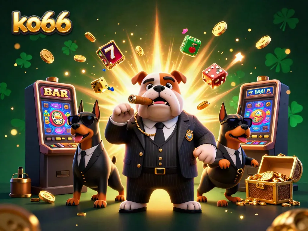 Experience the thrilling atmosphere of ko66 as a bulldog boss and Doberman bodyguards amidst jackpot celebrations.