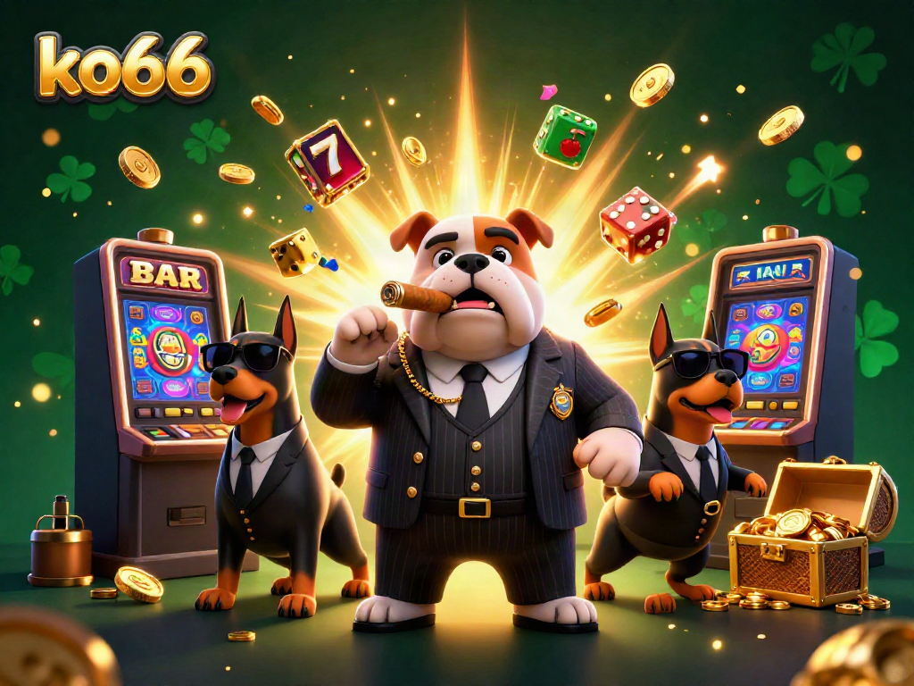 Experience the thrilling atmosphere of ko66 as a bulldog boss and Doberman bodyguards amidst jackpot celebrations.