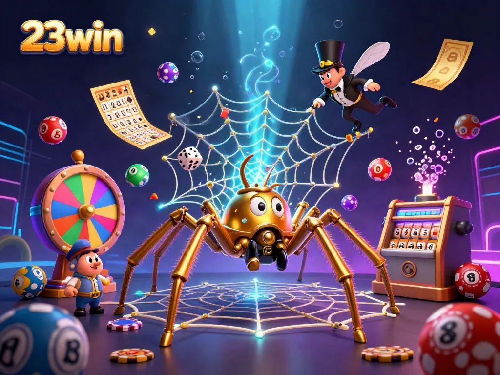 Experience excitement with 23win as the animated steampunk spider catches dice and lottery balls in 3D.