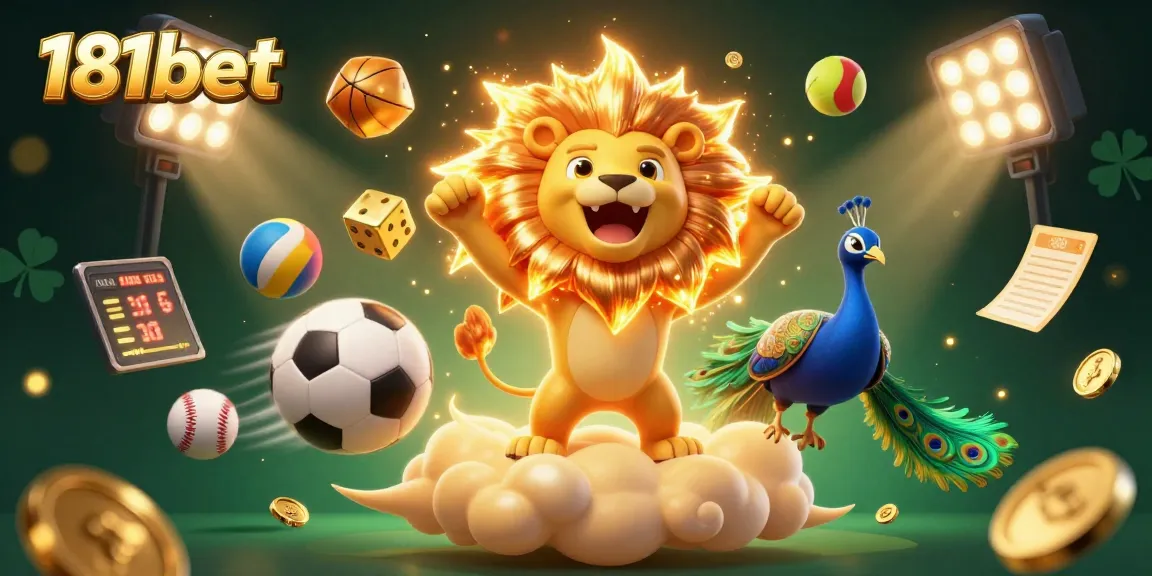 Engage in thrilling bets at 181bet, featuring a vibrant 3D scene of lively casino and sports elements.