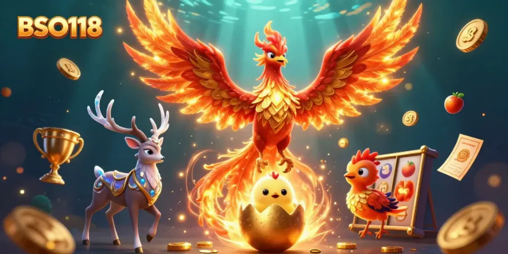 Experience thrilling wins with BSO118, featuring a flaming phoenix amidst vibrant slots and golden prizes.