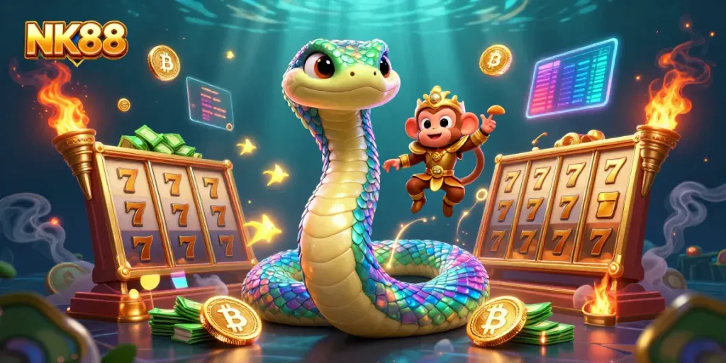 Experience the vibrant NK88 online casino world with a rainbow serpent and playful monkey king.