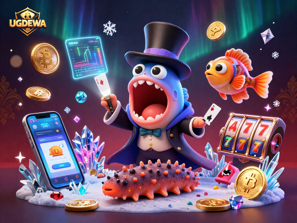 Experience exciting gambling with UGDEWA through card tricks and crypto elements in a vibrant underwater stage.